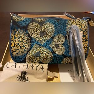 Cathaya Chinese Silk embroidered formal clutch handbag ornate gold blue